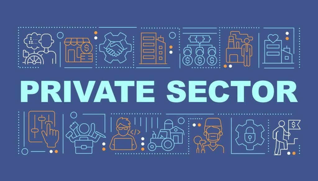 Private Sector Word Concepts Dark Blue Banner Business Organization Infographics With Editable Icons On Color Background Isolated Typography Illustration With Text Vector 1024x582